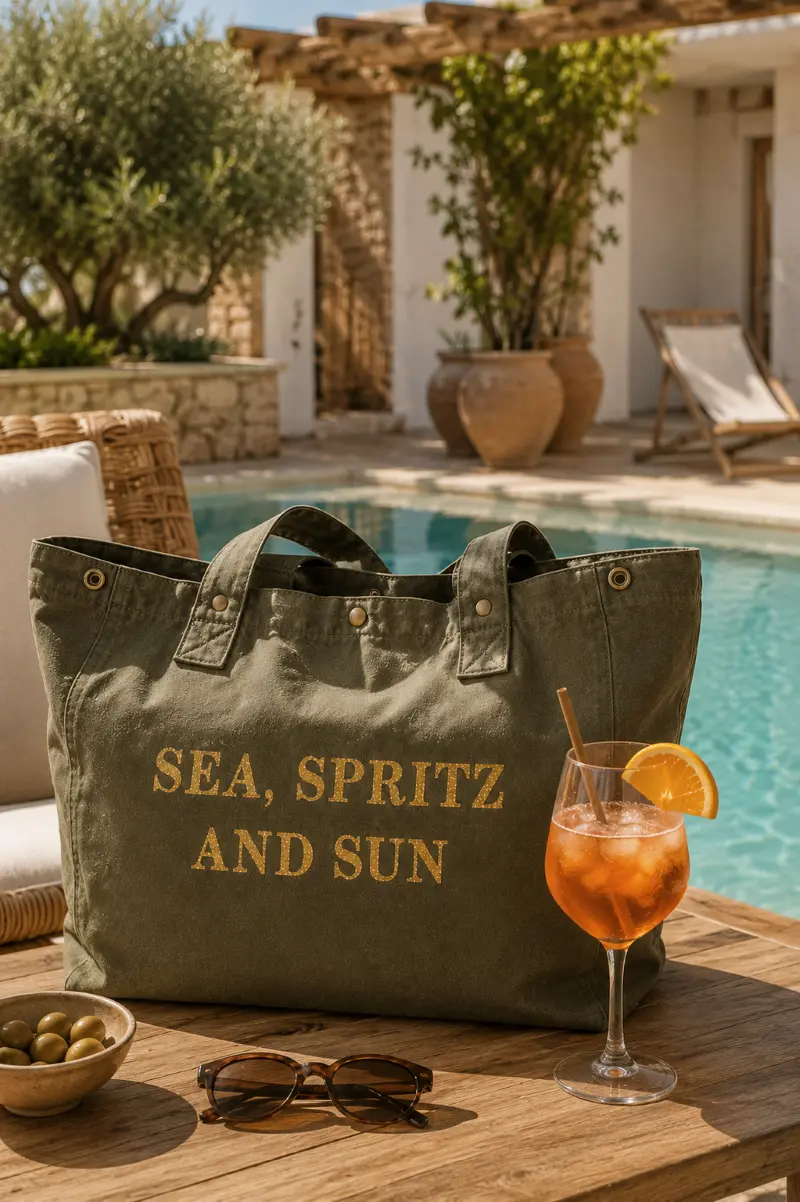 Sac fourre-tout kaki - Slogan "Sea, Spritz and Sun" en doré pailleté - Création La Strasseuse.