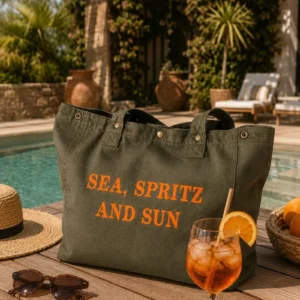 Sac fourre-tout kaki - Slogan "Sea, Spritz and Sun" en orange fluo - Création La Strasseuse.