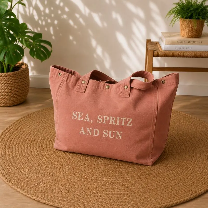Sac fourre-tout santal - Slogan "Sea, Spritz and Sun" en doré pailleté - Création La Strasseuse.