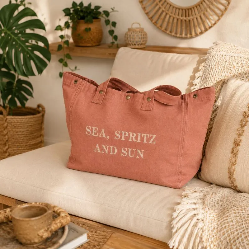 Sac fourre-tout santal - Slogan "Sea, Spritz and Sun" en doré pailleté - Création La Strasseuse.
