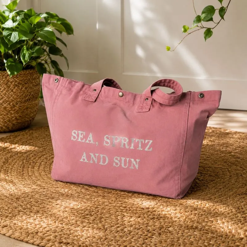 Sac fourre-tout vieux rose - Slogan "Sea, Spritz and Sun" en doré pailleté - Création La Strasseuse.