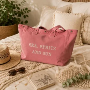Sac fourre-tout vieux rose - Slogan "Sea, Spritz and Sun" en doré pailleté - Création La Strasseuse.