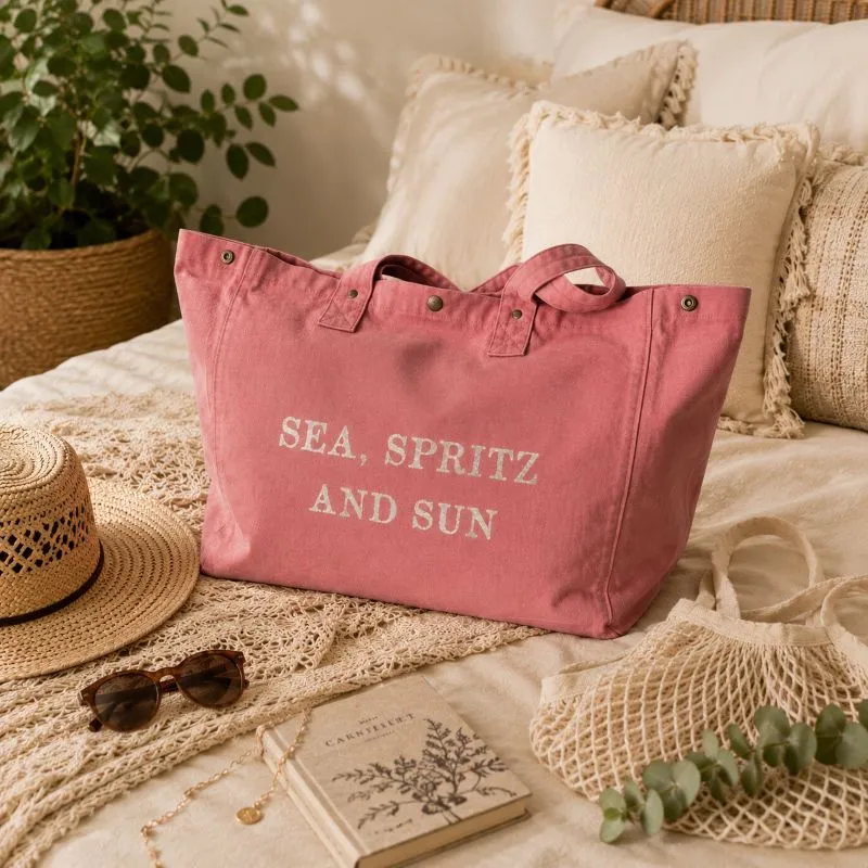 Sac fourre-tout vieux rose - Slogan "Sea, Spritz and Sun" en doré pailleté - Création La Strasseuse.