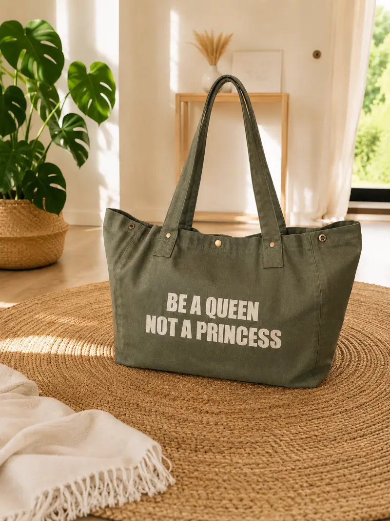 Sac fourre-tout kaki - Slogan "Be a Queen, not a Princess" en doré pailleté. Création La Strasseuse.