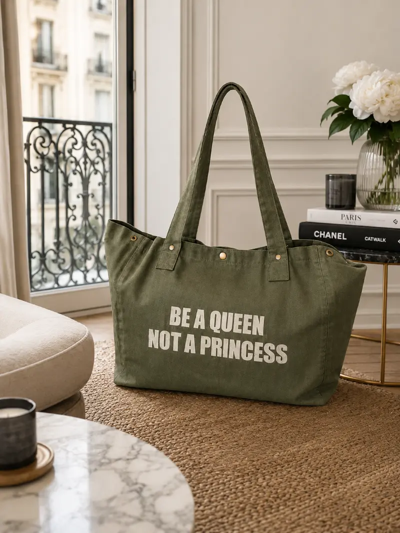 Sac fourre-tout kaki - Slogan "Be a Queen, not a Princess" en doré pailleté. Création La Strasseuse.
