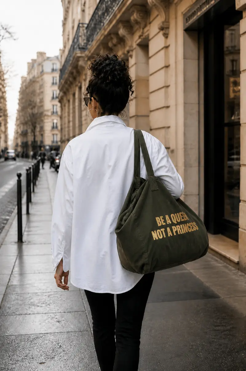 Sac fourre-tout kaki - Slogan "Be a Queen, not a Princess" en doré pailleté. Création La Strasseuse.