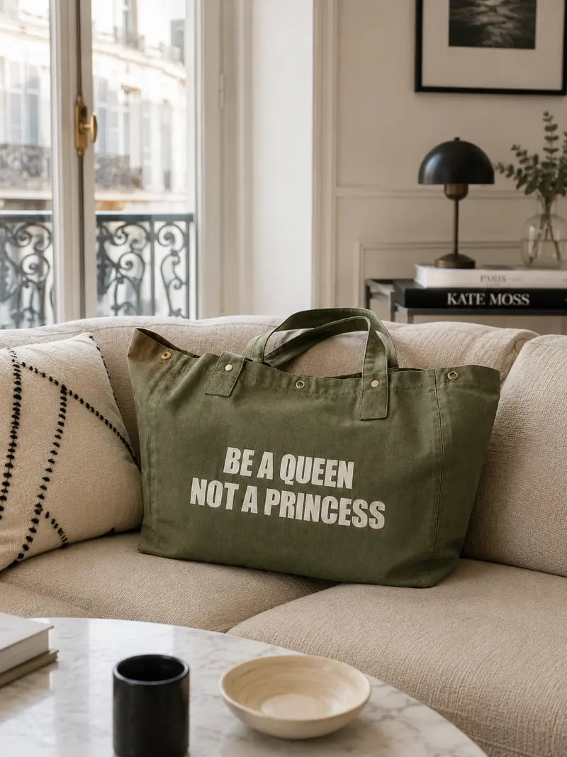Sac fourre-tout kaki - Slogan "Be a Queen, not a Princess" en doré pailleté - Création La Strasseuse