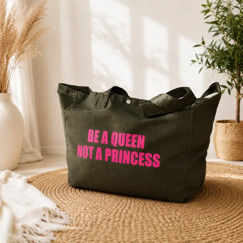 Sac fourre-tout kaki - Slogan "Be a Queen, not a Princess" en rose fluo. Création La Strasseuse.