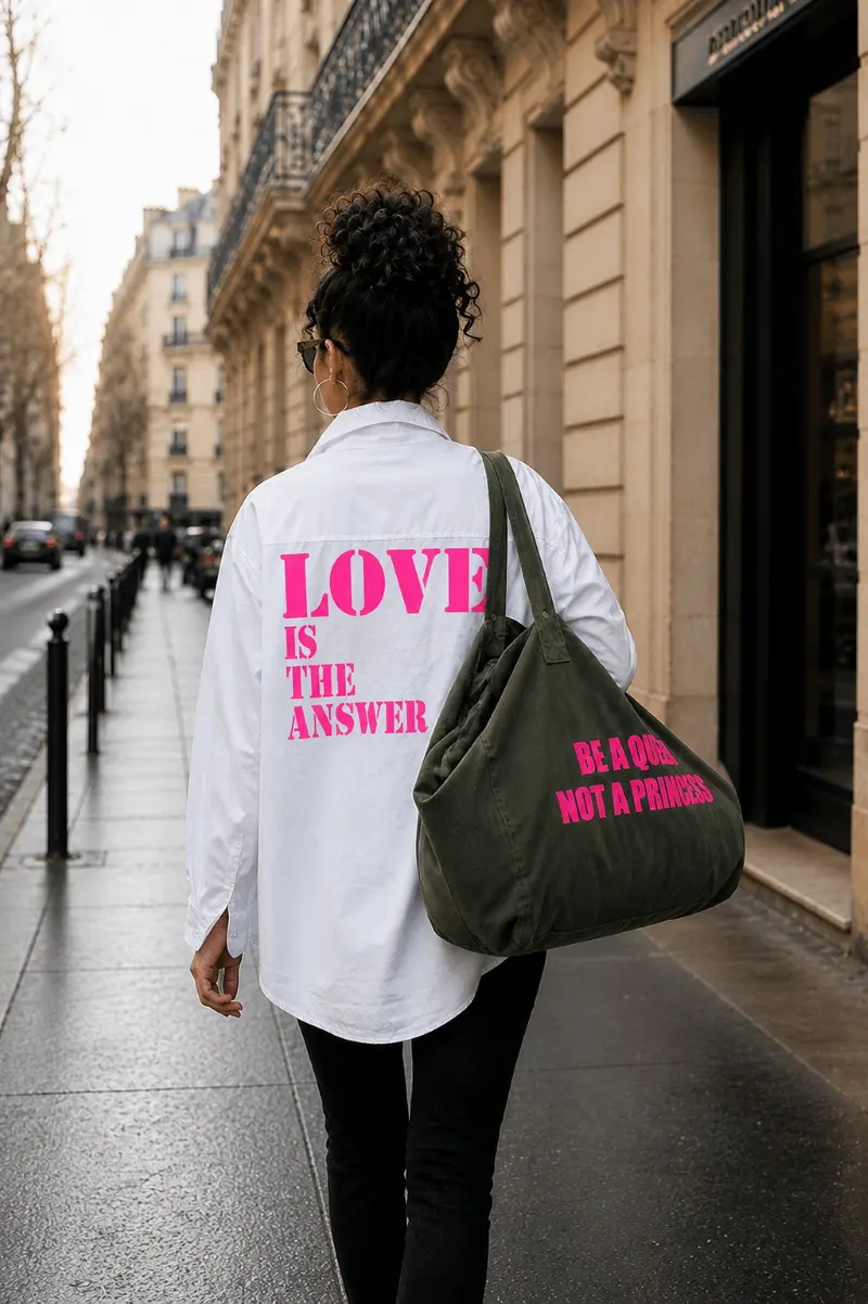 Sac fourre-tout kaki - Slogan "Be a Queen, not a Princess" en rose fluo. Création La Strasseuse.