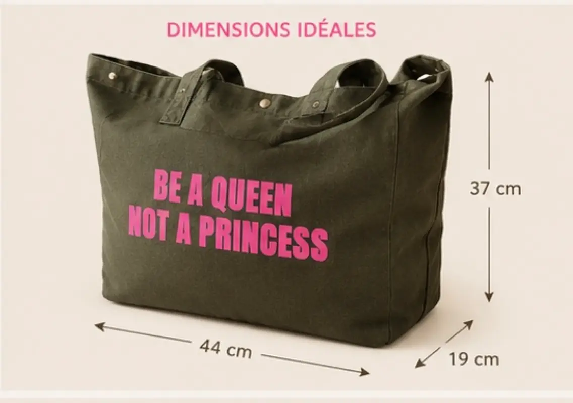 Sac fourre-tout kaki - Slogan "Be a Queen, not a Princess" en rose fluo. Création La Strasseuse.