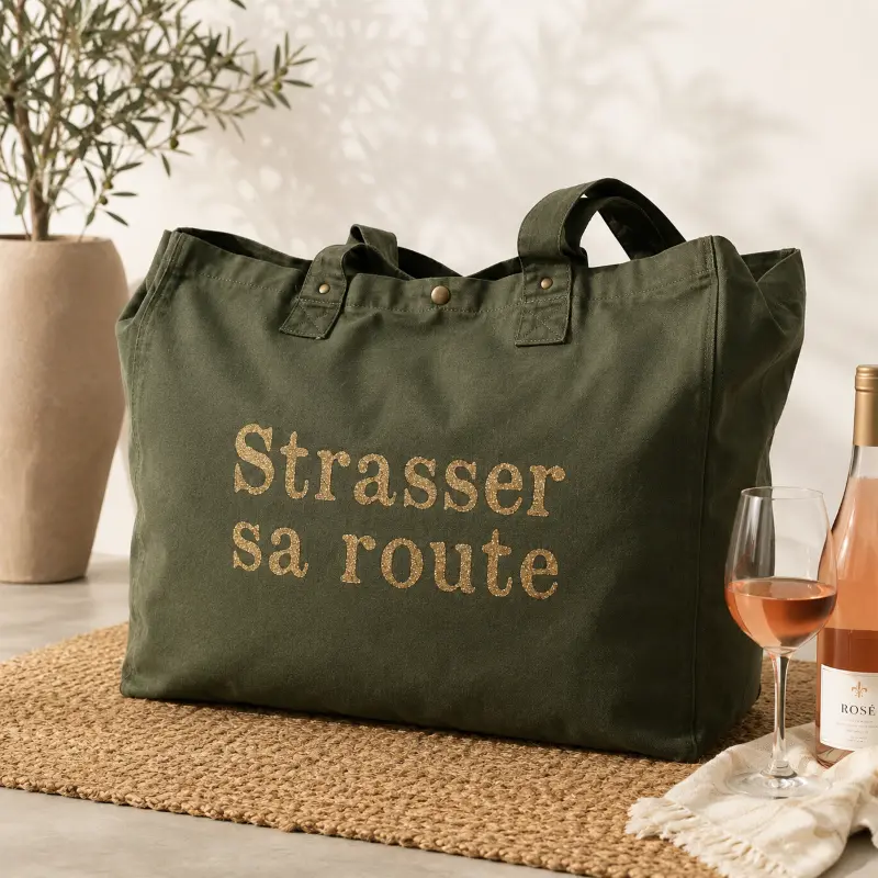 Sac fourre-tout kaki - Slogan "Strasser sa route" en doré pailleté. Création La Strasseuse.