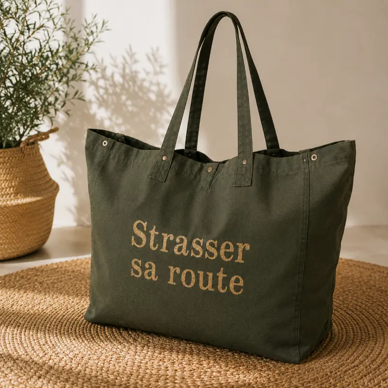 Sac fourre-tout kaki - Slogan "Strasser sa route" en doré pailleté. Création La Strasseuse.