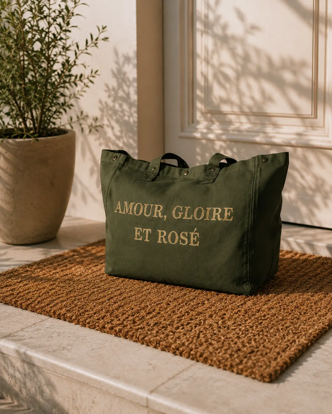 Sac fourre-tout kaki - Slogan "Amour, Gloire et Rosé" en doré pailleté. Création La Strasseuse