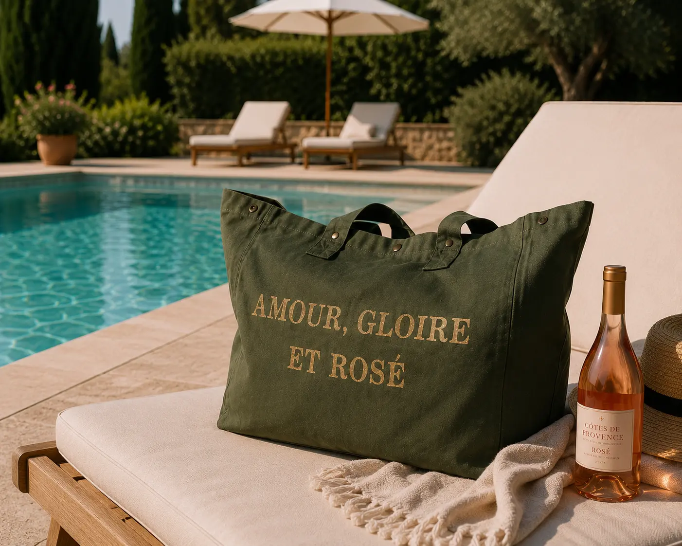 Sac fourre-tout kaki - Slogan "Amour, Gloire et Rosé" en doré pailleté. Création La Strasseuse