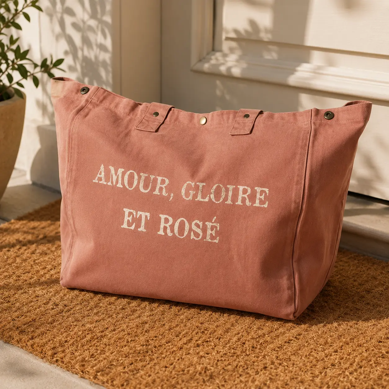 Sac fourre-tout santal - Slogan "Amour, Gloire et Rosé" en doré pailleté. Création La Strasseuse