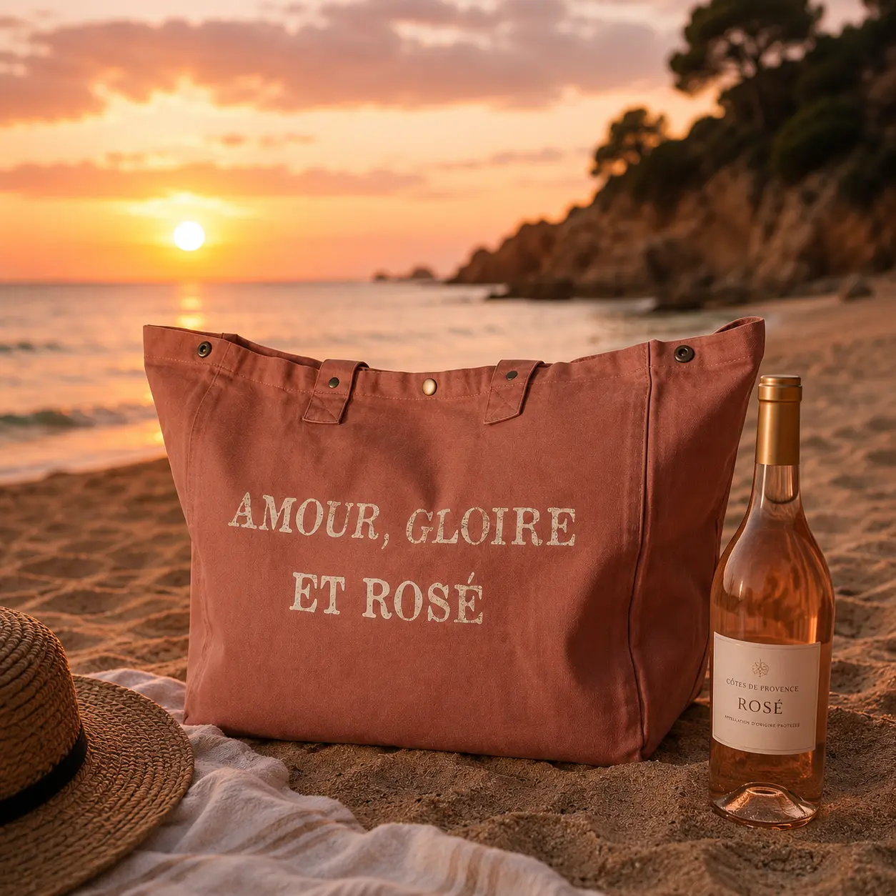 Sac fourre-tout santal - Slogan "Amour, Gloire et Rosé" en doré pailleté. Création La Strasseuse