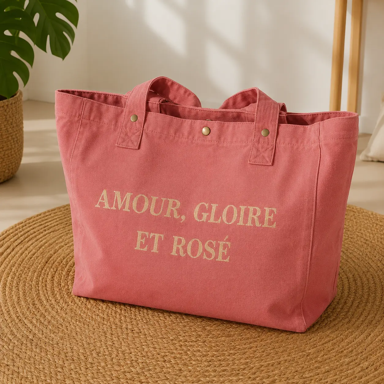 Sac fourre-tout vieux rose - Slogan "Amour, Gloire et Rosé" en doré pailleté. Création La Strasseuse