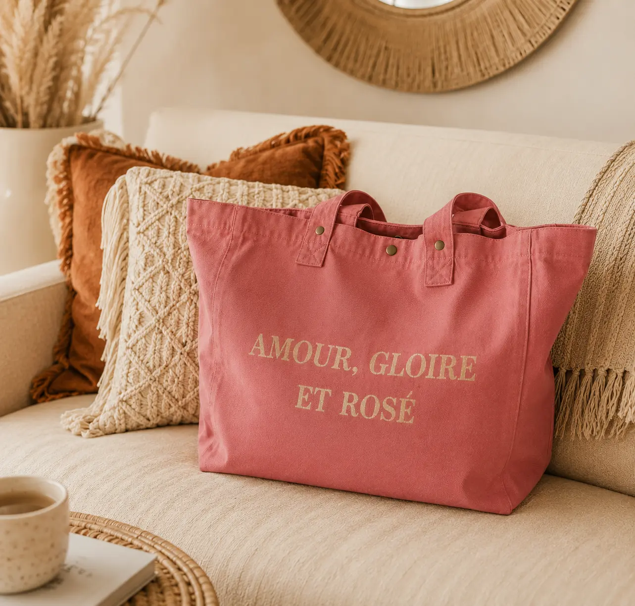 Sac fourre-tout vieux rose - Slogan "Amour, Gloire et Rosé" en doré pailleté. Création La Strasseuse
