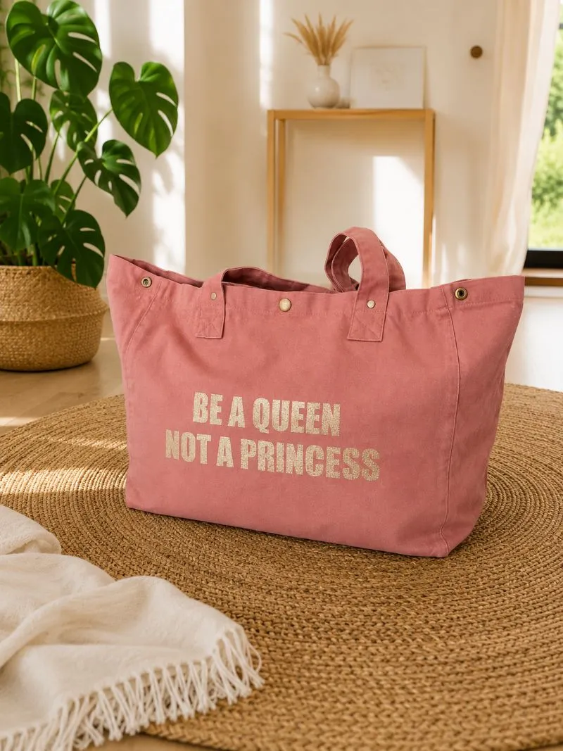 Sac fourre-tout santal - Slogan "Be a Queen, not a Princess" en doré pailleté. Création La Strasseuse.