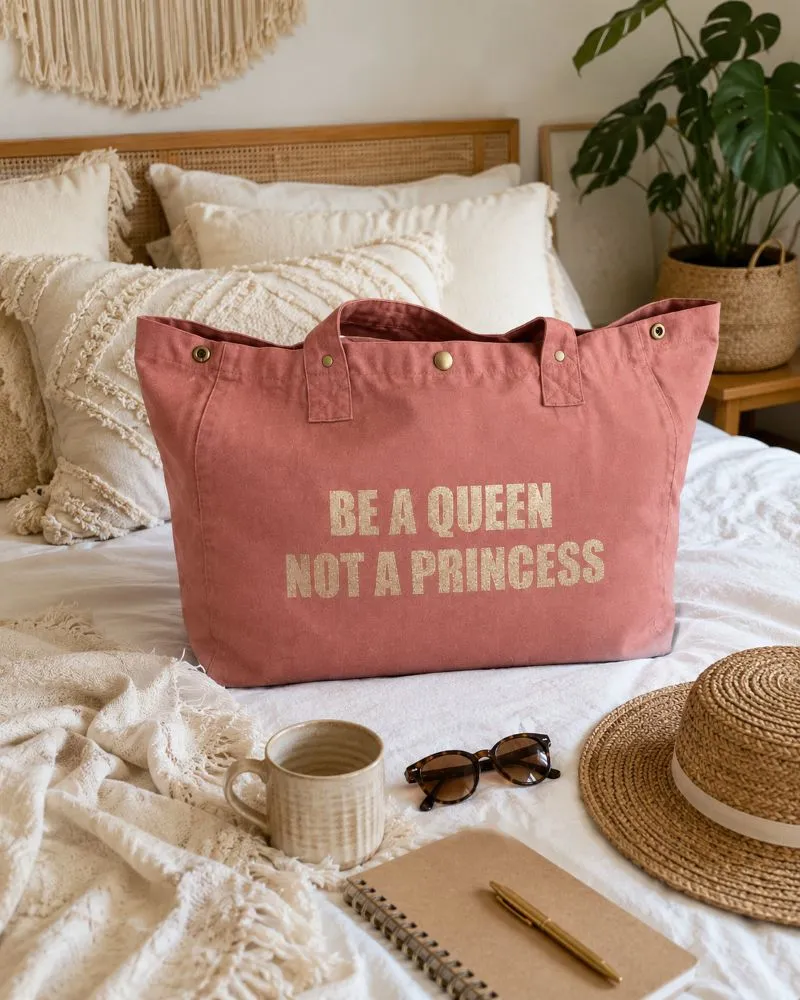 Sac fourre-tout santal - Slogan "Be a Queen, not a Princess" en doré pailleté. Création La Strasseuse.