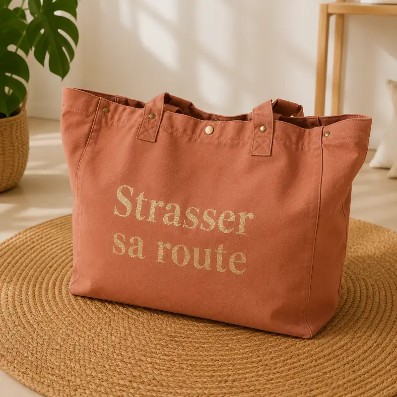 Sac fourre-tout santal - Slogan "Strasser sa route" en doré pailleté. Création La Strasseuse.
