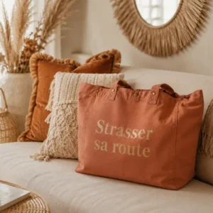 Sac fourre-tout santal - Slogan "Strasser sa route" en doré pailleté. Création La Strasseuse.