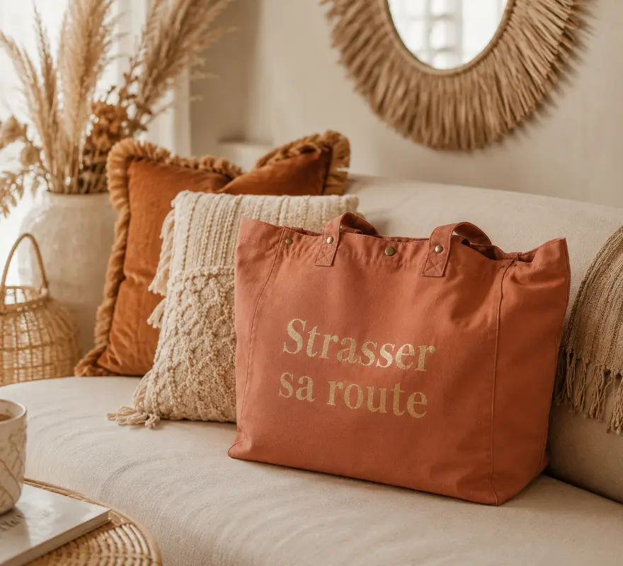 Sac fourre-tout santal - Slogan "Strasser sa route" en doré pailleté. Création La Strasseuse.