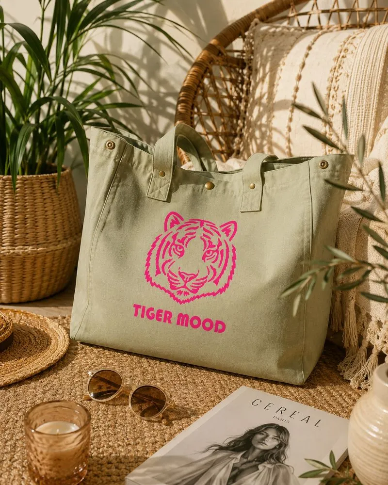 Sac fourre-tout vert sauge - "Tiger Mood" en rose fluo. Création La Strasseuse.