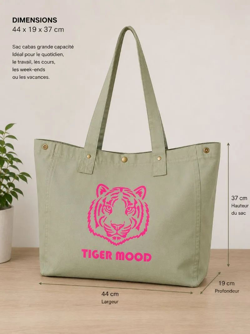 Sac fourre-tout vert sauge - "Tiger Mood" en rose fluo. Création La Strasseuse.