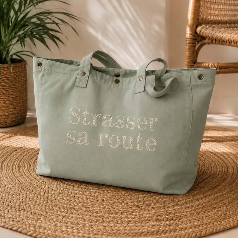 Sac fourre-tout vert sauge - Slogan "Strasser sa route" en doré pailleté. Création La Strasseuse.