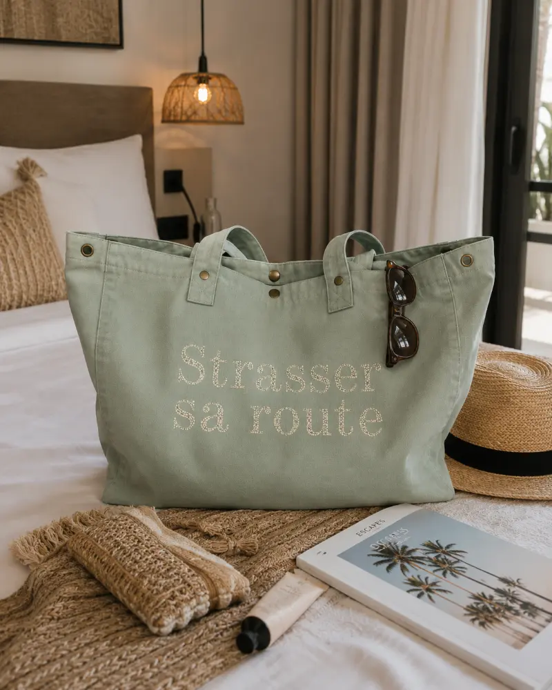 Sac fourre-tout vert sauge - Slogan "Strasser sa route" en doré pailleté. Création La Strasseuse.