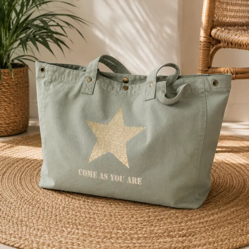 Sac fourre-tout vert sauge - Slogan "Come as you are" et son étoile en doré pailleté. Création La Strasseuse