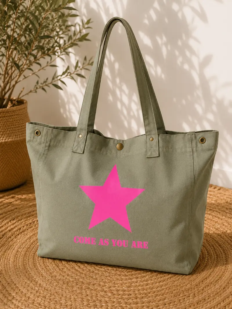 Sac fourre-tout vert sauge - Slogan "Come as you are" et son étoile en rose fluo. Création La Strasseuse