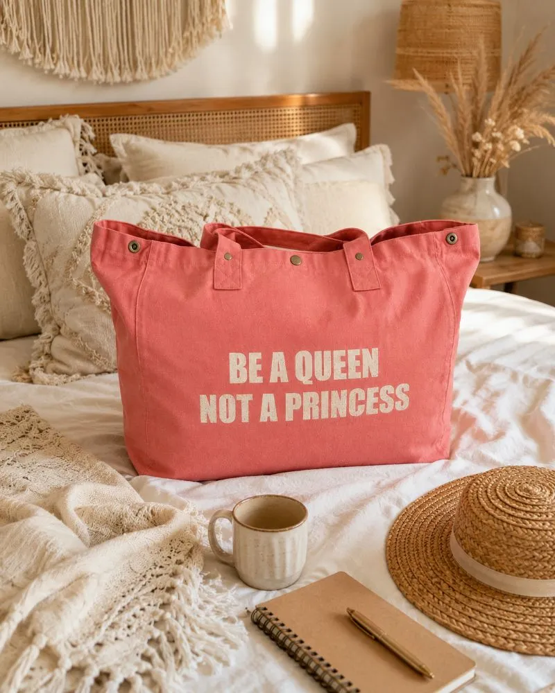 Sac fourre-tout vieux rose - Slogan "Be a Queen, not a Princess" en doré pailleté. Création La Strasseuse.