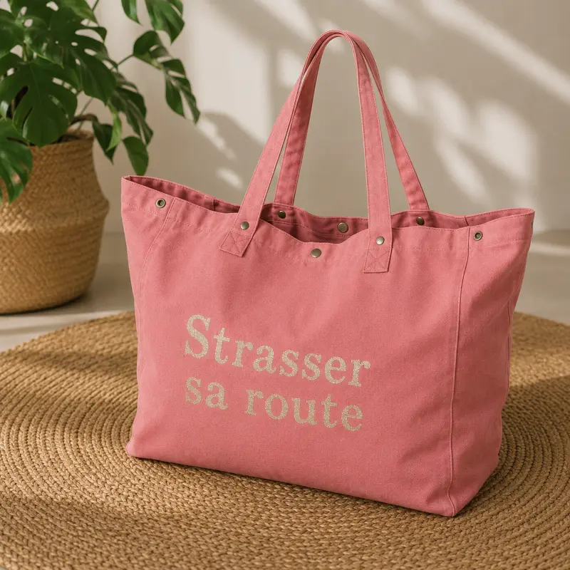 Sac fourre-tout vieux rose - Slogan "Strasser sa route" en doré pailleté. Création La Strasseuse.