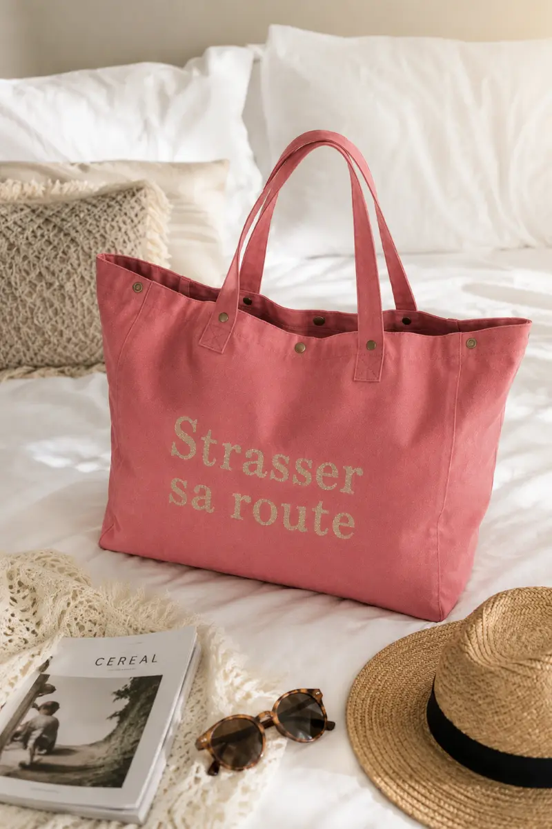 Sac fourre-tout vieux rose - Slogan "Strasser sa route" en doré pailleté. Création La Strasseuse.