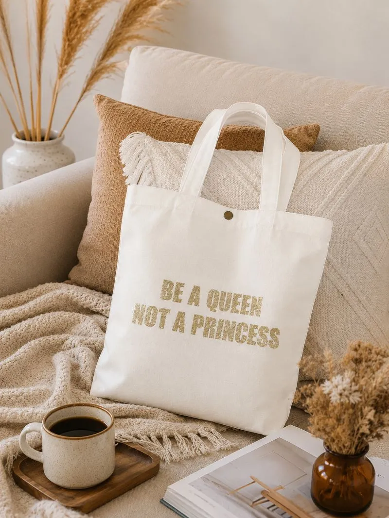 Tote bag blanc crème - Slogan "Be a Queen, not a Princess" en doré pailleté - Création La Strasseuse