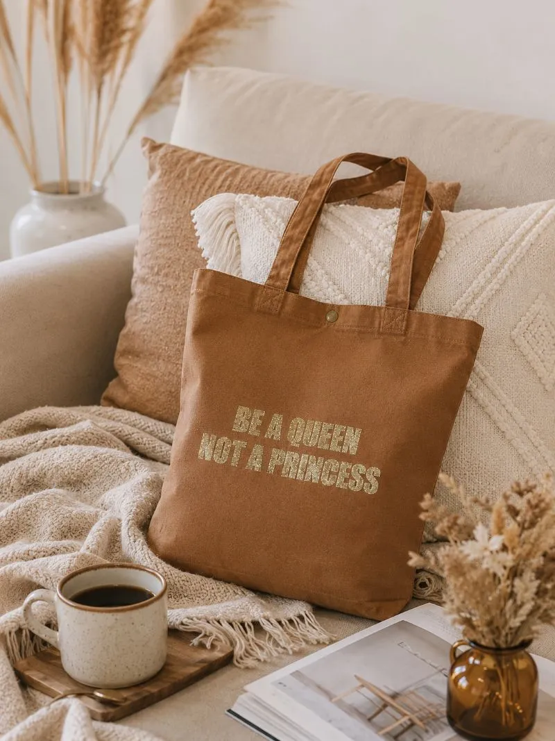 Tote bag Camel - Slogan "Be a Queen, not a Princess" en doré pailleté - Création La Strasseuse