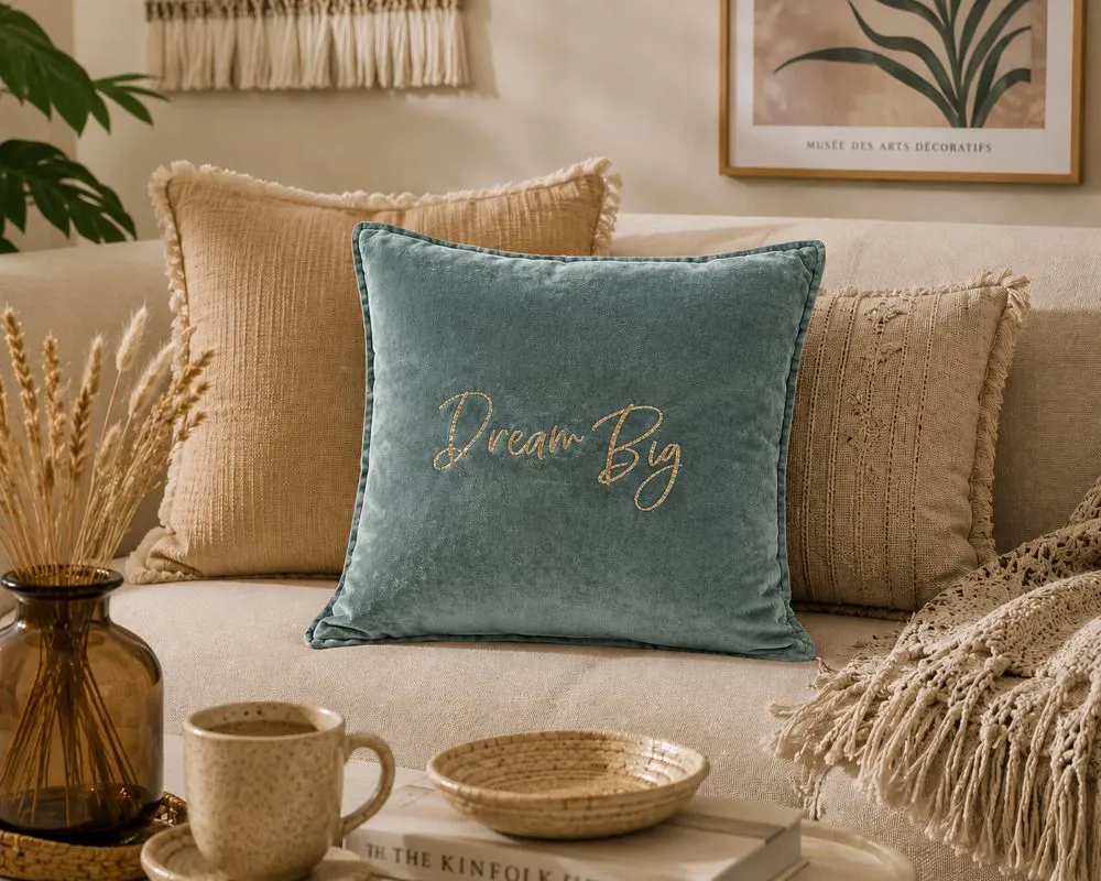 Housse de coussin 45 x 45 cm en velours de coton céladon - Slogan "Dream Big" en doré pailleté. Création La Strasseuse