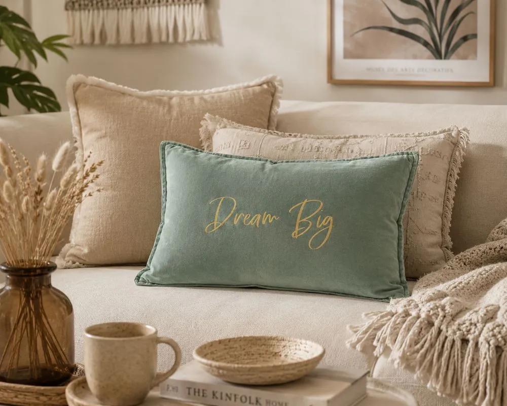 Housse de coussin 40 x 60 cm en velours de coton céladon - Slogan "Dream Big" en doré pailleté. Création La Strasseuse