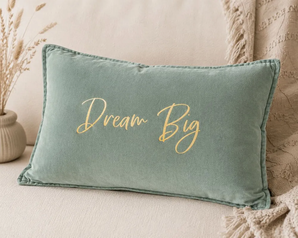 Housse de coussin 40 x 60 cm en velours de coton céladon - Slogan "Dream Big" en doré pailleté. Création La Strasseuse