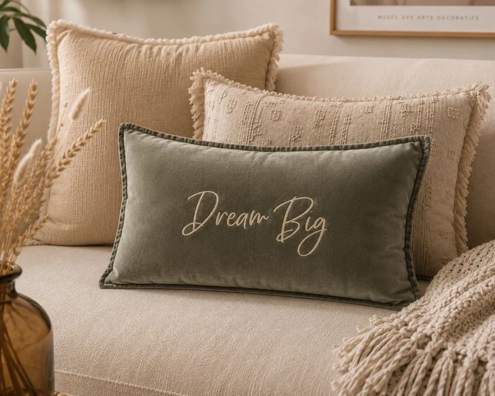 Housse de coussin 40 x 60 cm en velours de coton Kaki - Slogan "Dream Big" en doré pailleté. Création La Strasseuse