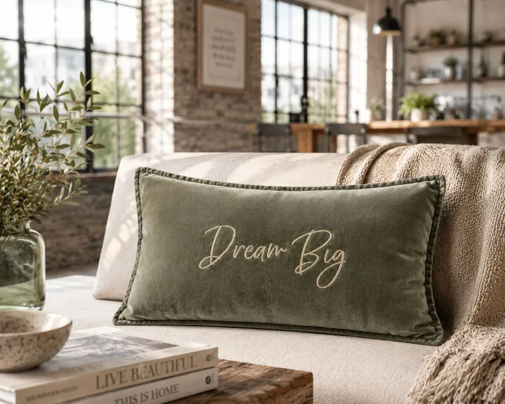 Housse de coussin 40 x 60 cm en velours de coton Kaki - Slogan "Dream Big" en doré pailleté. Création La Strasseuse
