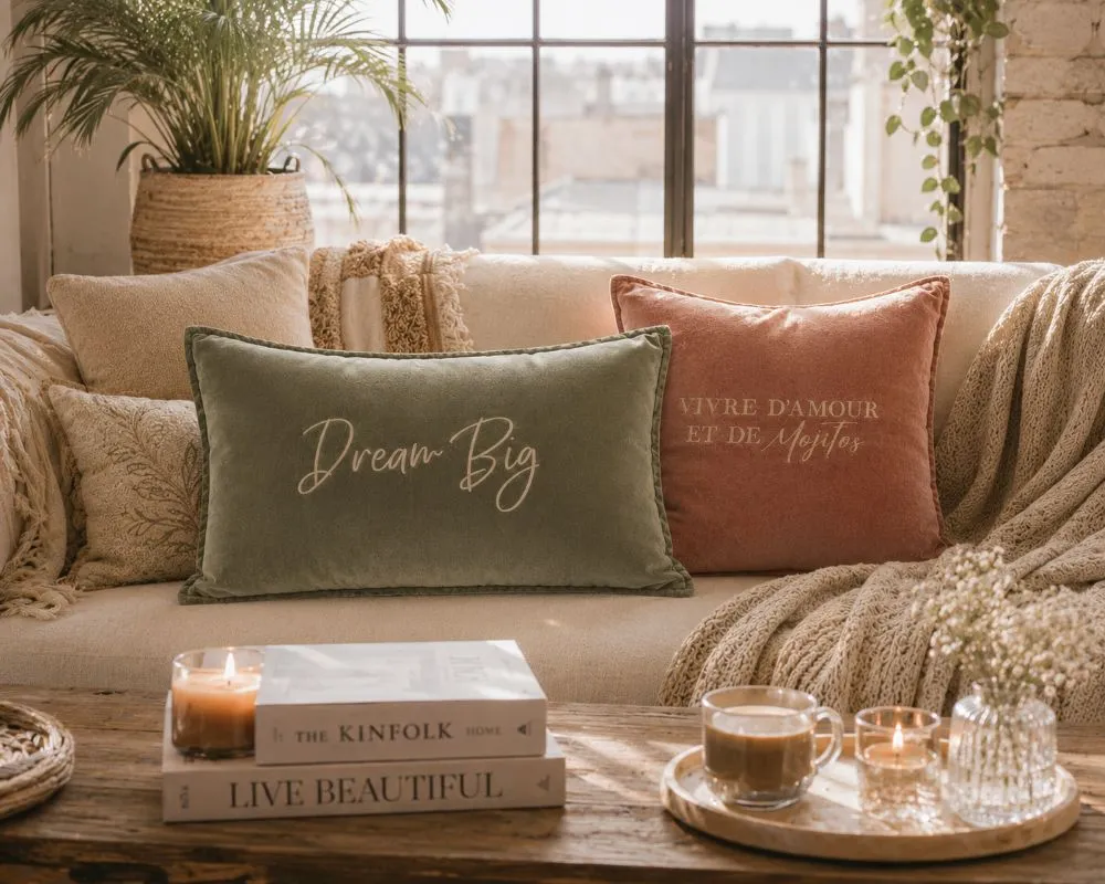 Housse de coussin 40 x 60 cm en velours de coton Kaki - Slogan "Dream Big" en doré pailleté. Création La Strasseuse