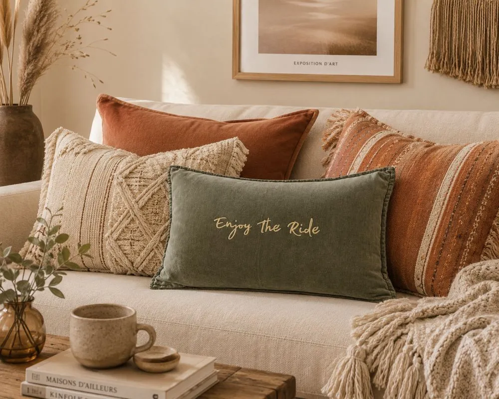 Housse de coussin 40 x 60 cm en velours de coton Kaki - Slogan "Enjoy the ride" en doré mat. Création La Strasseuse