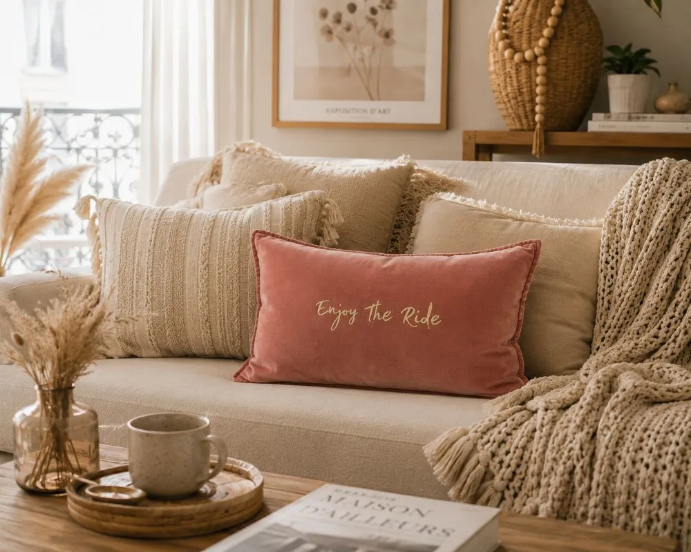 Housse de coussin 40 x 60 cm en velours de coton vieux rose - Slogan "Enjoy the ride" en doré mat. Création La Strasseuse