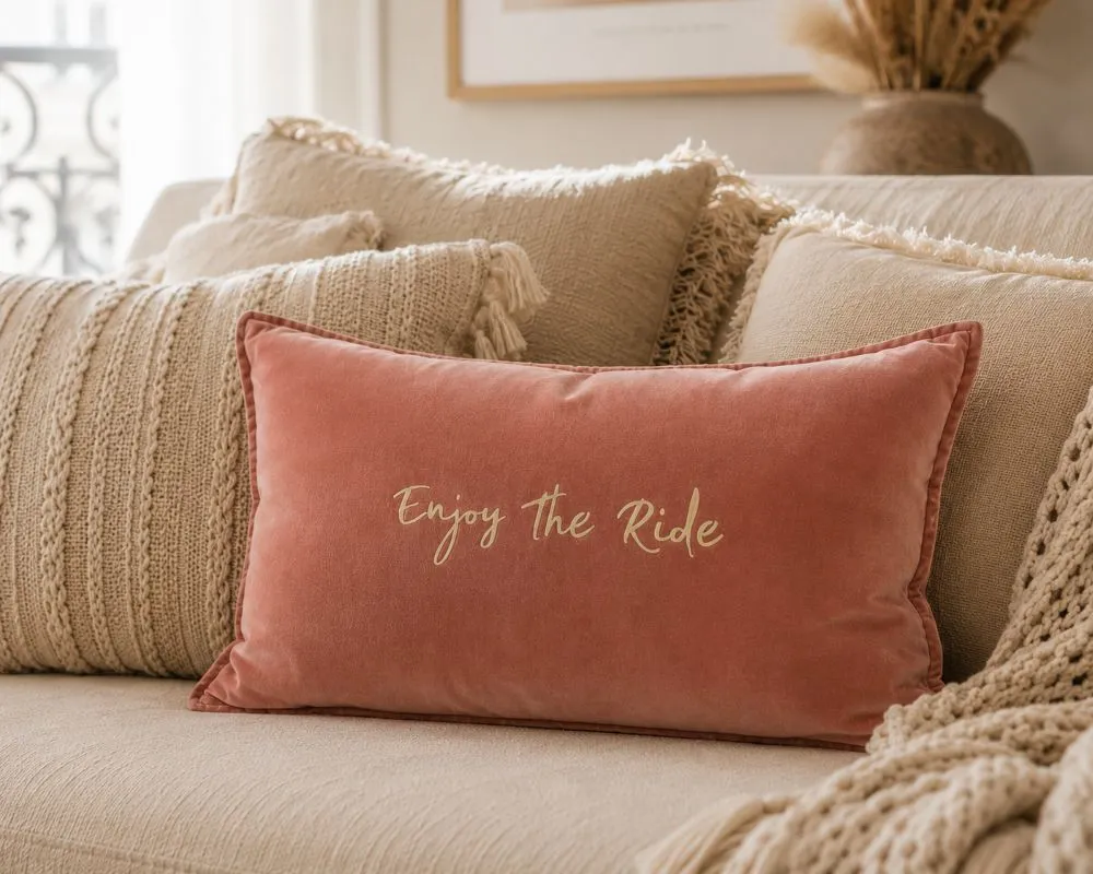 Housse de coussin 40 x 60 cm en velours de coton vieux rose - Slogan "Enjoy the ride" en doré mat. Création La Strasseuse