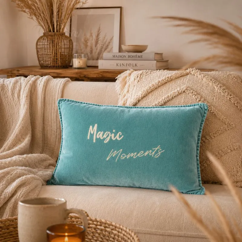 Housse de coussin 40 x 60 cm en velours de coton céladon- Slogan "Magic Moments " en doré mat. Création La Strasseuse
