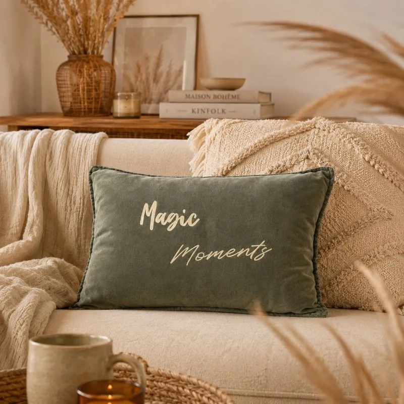 Housse de coussin 40 x 60 cm en velours de coton kaki - Slogan "Magic Moments " en doré mat. Création La Strasseuse