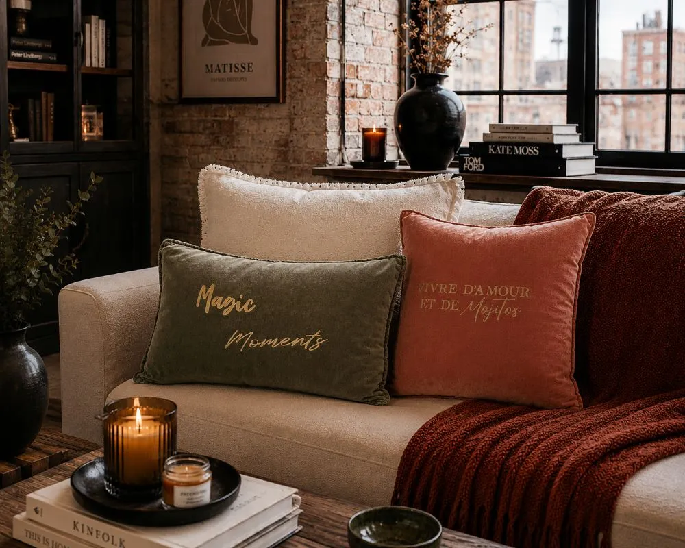Housse de coussin 40 x 60 cm en velours de coton kaki - Slogan "Magic Moments " en doré mat. Création La Strasseuse